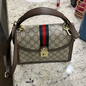 Gucci Beige and Brown Crossbody Bag with Red and Green Stripe